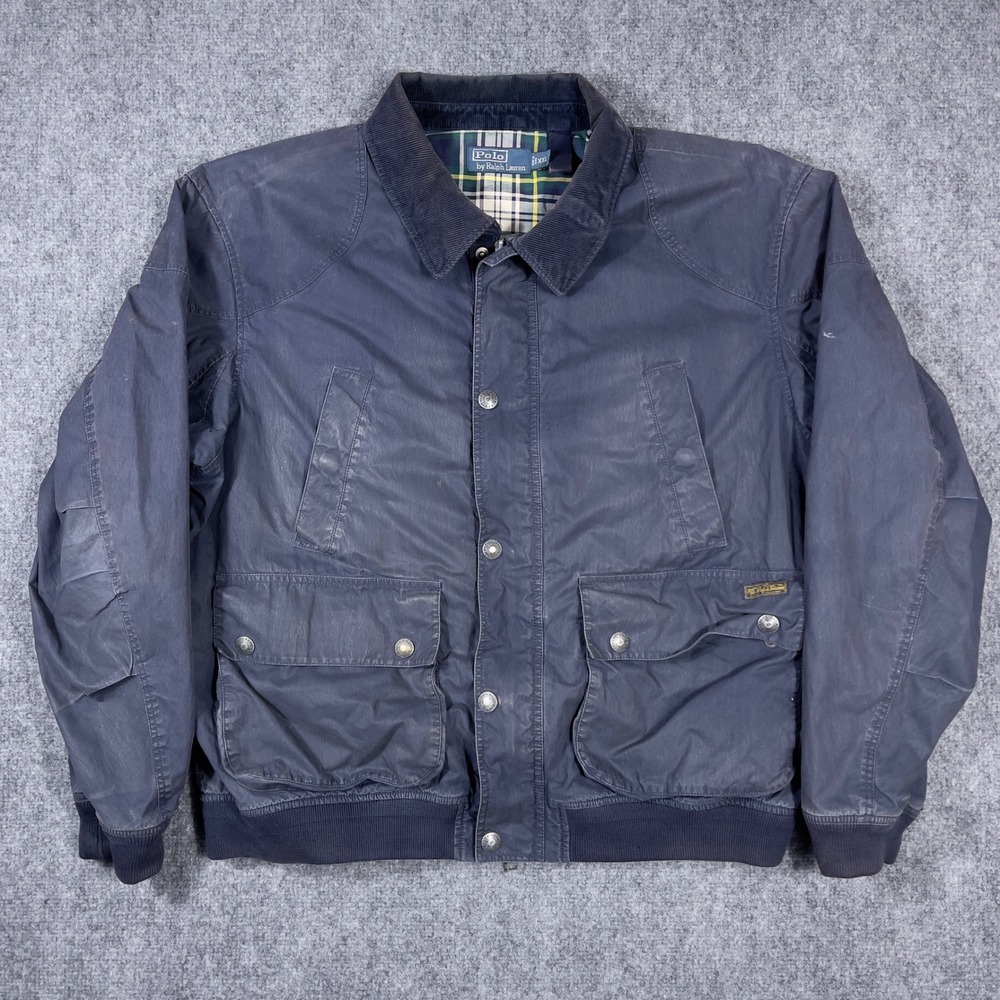 Polo Ralph Lauren Waxed Cotton Bomber Jacket Mens XXL Navy Blue Corduroy Collar